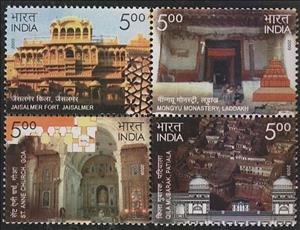 Se-tenant, Heritage Monuments Preservation Block of 4, India,  , Churches - Cathedrals - Basilicas - Chapels, Fortresses / Strongholds, Monasteries, UNESCO World Heritage Sites