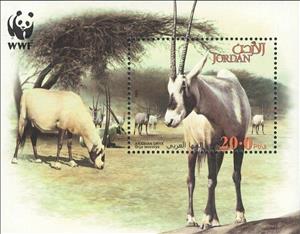 Souvenir Sheet, Arabian Oryx (Oryx leucoryx), Jordan,  , Animals (Fauna), Antelopes, Mammals, WWF