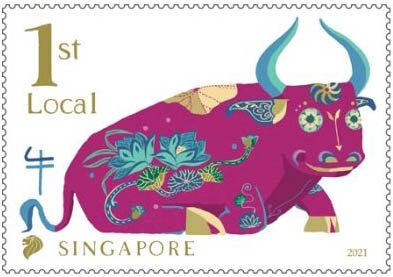 Stamp, Year of the Ox 2021, Singapore,  , Animals (Fauna), Bulls and Cows, Cattle, Chinese New Year, Chinese Zodiac, Mammals, Stylized Animals, Zodiac