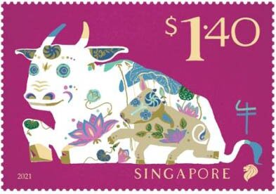 Stamp, Year of the Ox 2021, Singapore,  , Animals (Fauna), Bulls and Cows, Cattle, Chinese New Year, Chinese Zodiac, Mammals, Stylized Animals, Zodiac