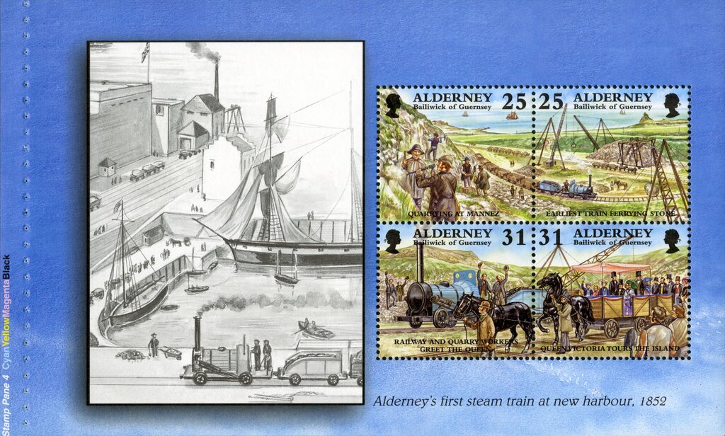 Alderney's first steam train at new harbour, 1852