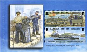 Booklet Pane, Cleaning the 6 pounder gun on a torpedo boat, Alderney,  , Anniversaries and Jubilees, Sailing Ships, Ships, Uniforms, Vehicles