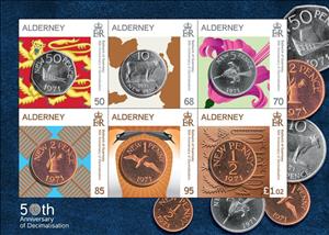 Souvenir Sheet, Currency Decimalization, 50th Anniversary, Alderney,  , Coins