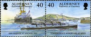 Se-tenant, HMS Majestic at Anchor, 1901 / Torpedo boats outside Harbour, Alderney,  , Anniversaries and Jubilees, Sailing Ships, Ships, Uniforms, Vehicles