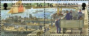 Se-tenant, Moored Torpedo boats, 1890 / Quick Firing Gun, 1890, Alderney,  , Anniversaries and Jubilees, Sailing Ships, Ships, Uniforms, Vehicles