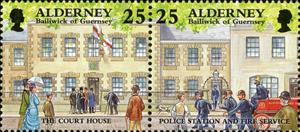 Se-tenant, The Court House / Police Station and Fire Service, Alderney,  , Animals (Fauna), Anniversaries and Jubilees, Dogs, Fire-brigade, Flags, Government Buildings, Police