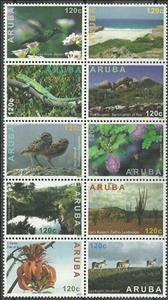 Se-tenant, Block of 10, Aruban Nature - Photography, Aruba,  , Animals (Fauna), Beaches, Birds, Donkeys, Landscapes, Mammals, Photographs, Photography