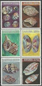 Se-tenant, Block of 6, Shells, Aruba,  , Animals (Fauna), Molluscs, Sea Life, Shells, Snails and Slugs