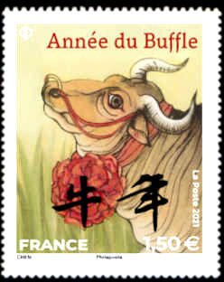 Stamp, Year of the Ox 2021, France,  , Animals (Fauna), Bulls and Cows, Cattle, Chinese New Year, Chinese Zodiac, Mammals, Stylized Animals, Zodiac
