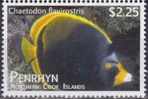 Stamp, Black Butterflyfish (Chaetodon flavirostris), Penrhyn,  , Animals (Fauna), Fishes, Sea Life