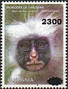 Stamp, Monkey Surcharged, Tanzania,  , Animals (Fauna), Mammals, Monkeys