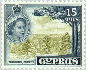 Stamp, Queen Elizabeth II & Troodos Forest, Cyprus,  , Heads of State, Fruits, Queens, Forests, Viticulture