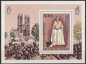 Souvenir Sheet, 25th Coronation Anniversary of Queen Elizabeth II, Upper Volta,  , Churches - Cathedrals - Basilicas - Chapels, Queens, Royalty