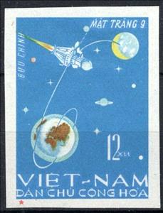 Stamp, Luna 9 on its flight path to the moon, Vietnam,  , Celestial Bodies, Moon, Moon Landing, Outer Space, Spacecrafts