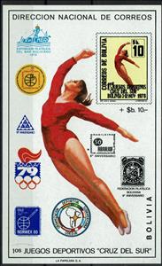 Souvenir Sheet, Gymnast (with overprint for Bolivia Philatelic Fed), Cinderellas,  , Gymnastics, Olympic Games, Philatelic Exhibitions
