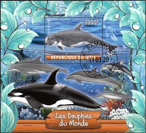 Souvenir Sheet, Les Dauphins du Monde, Cinderellas,  , Animals (Fauna), Dolphins, Mammals