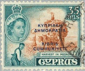 Stamp, Cyprus Independence (overprint in blue), Cyprus,  , Heads of State, Vehicles, Mammals, Horses, Agriculture, Queens, Animals (Fauna), Agricultural Machinery