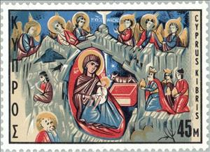 Stamp, Nativity - Fresco 14th cent., Cyprus,  , Biblical Accounts, Christmas