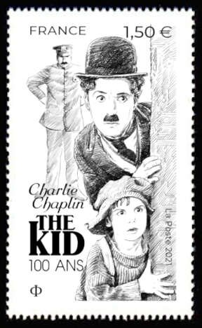 Stamp, Release of "The Kid" with Charlie Chaplin, Centenary, France,  , Actors, Authors, Famous People, Literary People (Poets and Writers), Literature, film