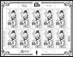 Mini Sheet, Release of "The Kid" with Charlie Chaplin, Centenary, France,  , Actors, Authors, Famous People, Literary People (Poets and Writers), Literature, film