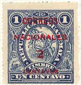 Stamp, Revenue stamp with red overprint 2c on 1c, Guatemala,  , Coats of Arms