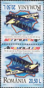 Tete-Beche, 50th Anniversary of First Romanian Aerophilately Exhibition, Romania,  , Aircraft, Aviation, Maps, Philatelic Exhibitions, Philately