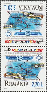 Tete-Beche, Centenary of Franco-Romanian Air Navigation Company, Romania,  , Aircraft, Aviation, Maps, Philatelic Exhibitions
