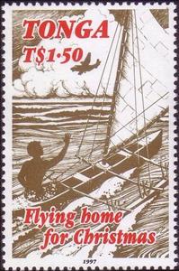 Stamp, Tongan In Sailing Canoe Waving At Jetliner, Tonga,  , Aircraft, Aviation, Canoeing, Palm-trees, Sailing Ships