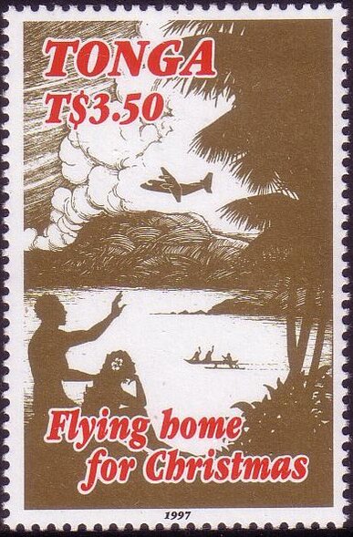Tongans In Canoe Waving At Jetliner