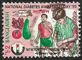 Stamp, Fresh food and boy injecting insulin, Bangladesh,  , Children, Food, Fruits, Healthcare, Vegetables