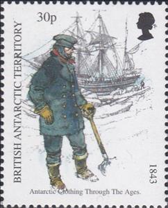 Stamp, Man holding Shovel, 1843, British Antarctic Territory (BAT),  , Clothing, Explorers, Men, Sailing Ships, Tools