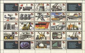 Mini Sheet, 40 years of GDR in the fraternity on a common path, Cinderellas,  , Building Industry, Computers, Electricity, Factories, Oil Rigs, Ships, Spacecrafts, Watches