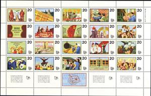 Mini Sheet, From becoming and growing our friendship, Cinderellas,  , Buildings, Children, Feasts, Flags, People, Professions, Seals (Emblems)
