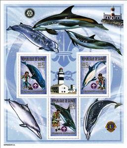 Mini Sheet, Scouts and Sea Mammals, Guinea,  , Animals (Fauna), Dolphins, Mammals, Scouting, Sea (Marine) Mammals, Sea Life, Whales
