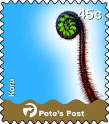 Stamp, Koru (Sprouting Fern) on the right, blue background, Personalized and Private Mail Stamps,  , Ferns, Plants (Flora)