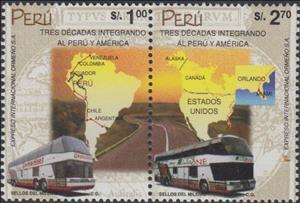 Se-tenant, Bus, Maps of America, Peru,  , Buses, Maps