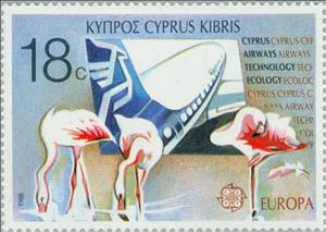 Stamp, EUROPA/CEPT 1988 - Cyprus Airways Technology/Ecology, Cyprus,  , Vehicles, Postal Services, Postal Unions, Birds, European Union, C.E.P.T., Europe, Flamingos, Animals (Fauna), Aircrafts