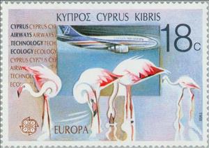 Stamp, EUROPA/CEPT 1988 - Cyprus Airways Technology/Ecology, Cyprus,  , Vehicles, Postal Services, Postal Unions, Birds, European Union, C.E.P.T., Europe, Flamingos, Animals (Fauna), Aircrafts