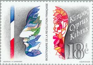 Stamp, Bicentennial French Revolution - French Flag and face, Cyprus,  , Commemoration, French Revolution, Anniversaries and Jubilees