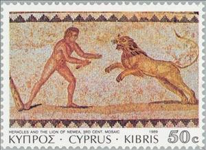 Stamp, Paphos Mosaics - Hercules and the Lion of Nemea, 3rd cent. A, Cyprus,  , Mammals, Лев, Archaeology, Mosaic, Animals (Fauna)