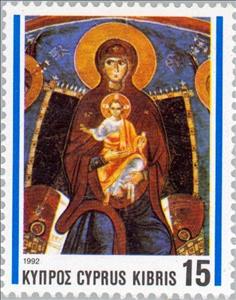 Stamp, Virgin Mary and child enthroned, Cyprus,  , Biblical Accounts, Christmas, Saints, Frescos
