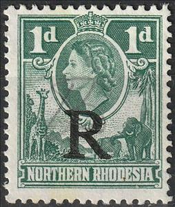 Stamp, Queen Elizabeth II and animals, Northern Rhodesia,  , Animals (Fauna), Elephants, Famous People, Giraffes, Heads of State, Mammals, Queens, Royalty