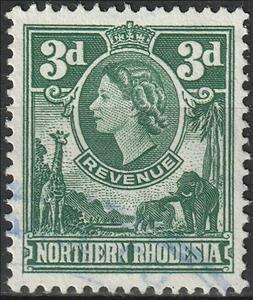 Stamp, Queen Elizabeth II and animals, Northern Rhodesia,  , Animals (Fauna), Elephants, Famous People, Giraffes, Heads of State, Mammals, Queens, Royalty