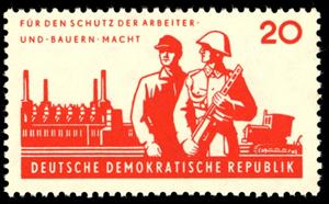 Stamp, Soldier and worker, industrial plant, tractor, Germany, Democratic Republic,  