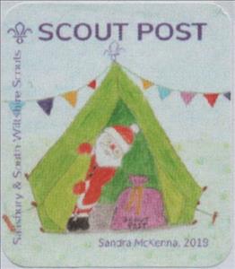 Stamp, Santa in tent with sack of Scout post, Personalized and Private Mail Stamps,  , Christmas, Santa Claus, Scouting