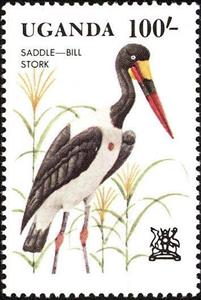 Stamp, Saddle-billed Stork (Ephippiorhynchus senegalensis), Uganda,  , Birds, Storks, Animals (Fauna)