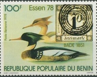 Stamp, Mergus serrator, Benin,  , Animals (Fauna), Birds, Philatelic Exhibitions