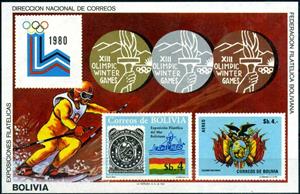 Souvenir Sheet, Medals, Bolivia,  , Coats of Arms, Flags, Medals and Marks of Honour, Olympic Games, Skiing, Sports, Stamps