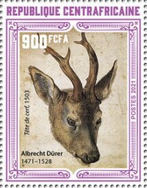 Stamp, "Head of a Stag" (1503), by Albrecht Dürer, Central African Republic,  , Animals (Fauna), Art, Deer, Painters, Paintings