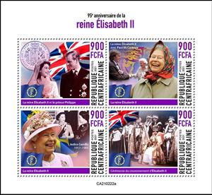 Mini Sheet, 95th Birtday of Queen Elizabeth II, Central African Republic,  , Queens, Royalty